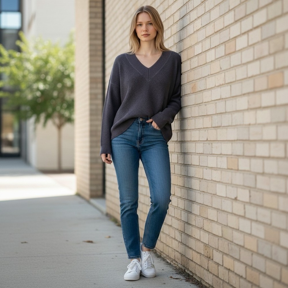Gap ribbed oversize knit V-neck sweater pullover drop shoulder L slouchy vintage